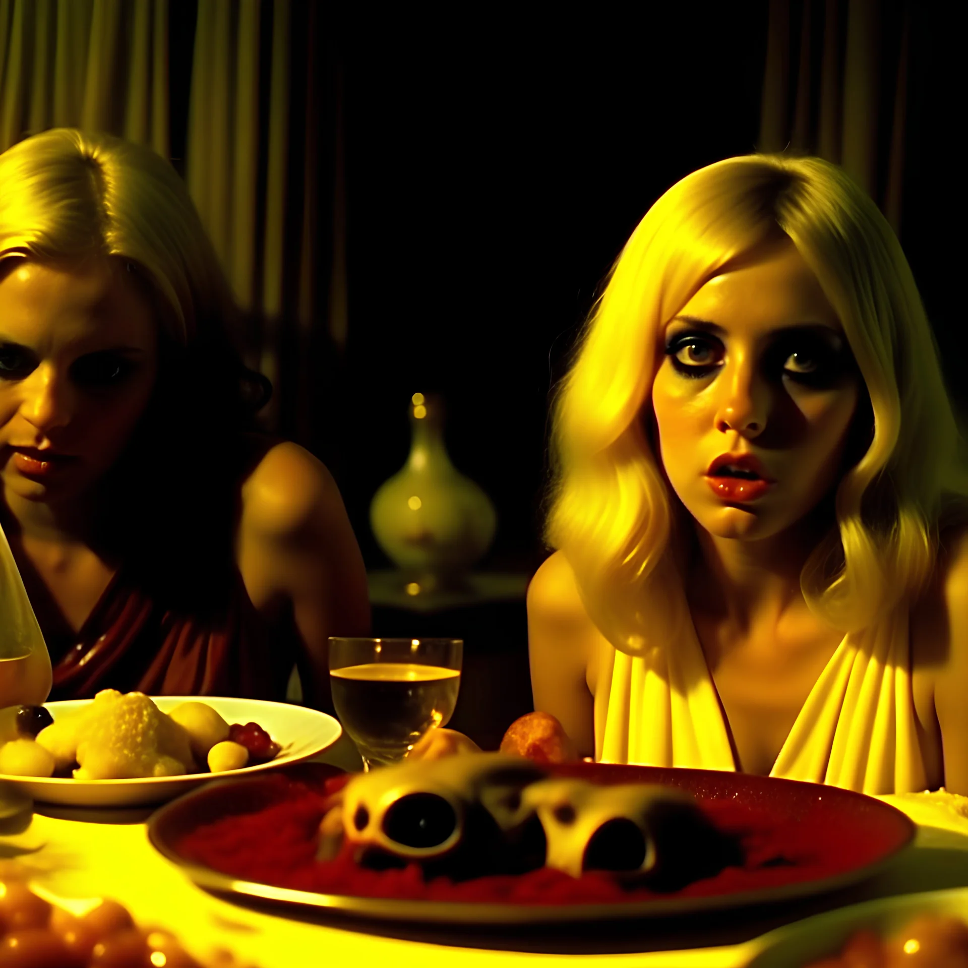 Horror movie shot, hot party, breest, die, ultra realistic, dine, pastel, ultra chaos, fetus, drink, sublime, realistic hot blonde women, pieces of meat, De Chirico, satanism, pieces of organs, light, 1970's Italian horror movie, sinister, ornate, Dario Argento, dadaism, 4k, photorealism