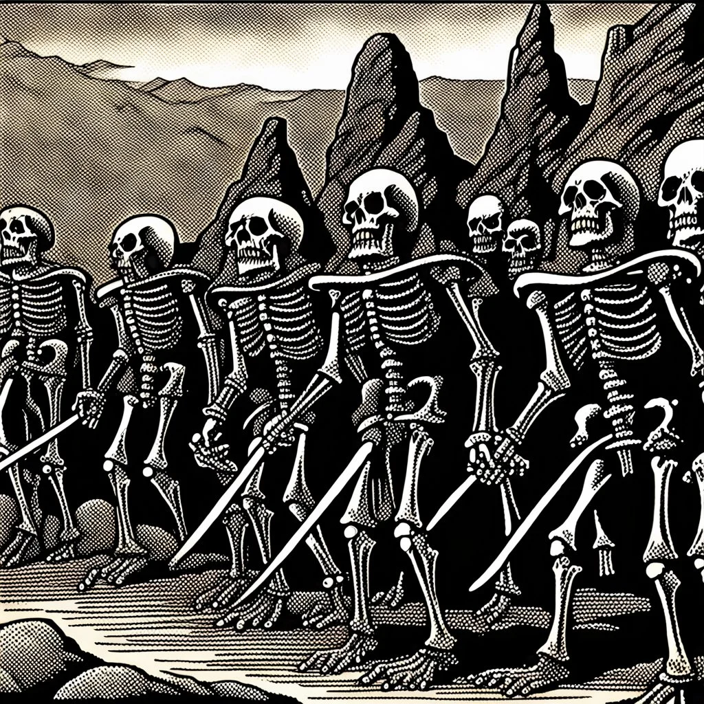 Stop motion animation, vintage animation art of an army of seven warrior skeletons from Jason and the Argonauts, ancient landscape, fantasy adventure, gothic warfare, cartoonist illustration, luminous, comic book style drawing in the style of Ray Harryhausen, Darren G. Davis, Scott Davis, airbrush 90s art, graphic novel, highly detailed, mythological fantasy, epic saga,