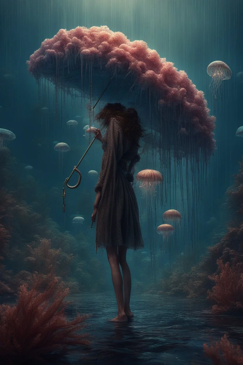 tall slim woman in ragged clothing, in an underwater scenen, holding an umbrella made from a jellyfish, raining, detailed matte painting, deep colour, fantastical, intricate detail, complementary colours, fantasy concept art, 8k resolution, Unreal Engine 5