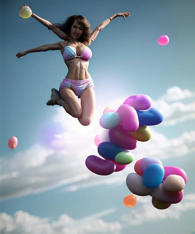 Ultra realistic speed clouds sky scene, wide angle view, sweet women falling down, feather inflatable color clothing, free jumping flying, many trinkets, hair monster, many jelly beans, balls, color smoke, smile, happy, circus style, extreme, wind, clouds sea, 20,000 feet altitude, stratosphere, soft color, highly detailed, unreal engine 5, ray tracing, RTX, lumen lighting, ultra detail, volumetric lighting, 3d, finely drawn, high definition, high resolution.