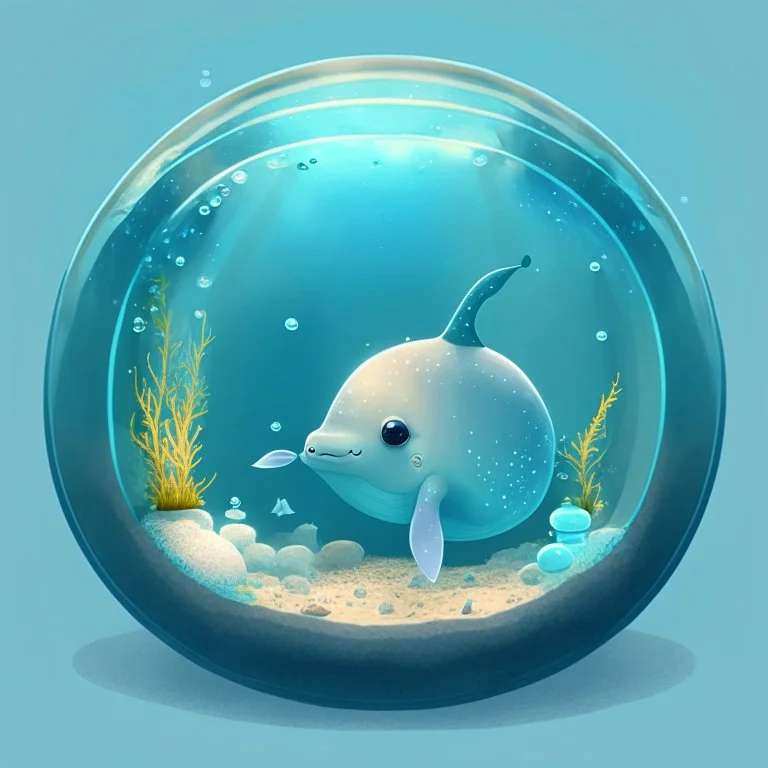 A cute little Narwhal in a small circular fish tank.