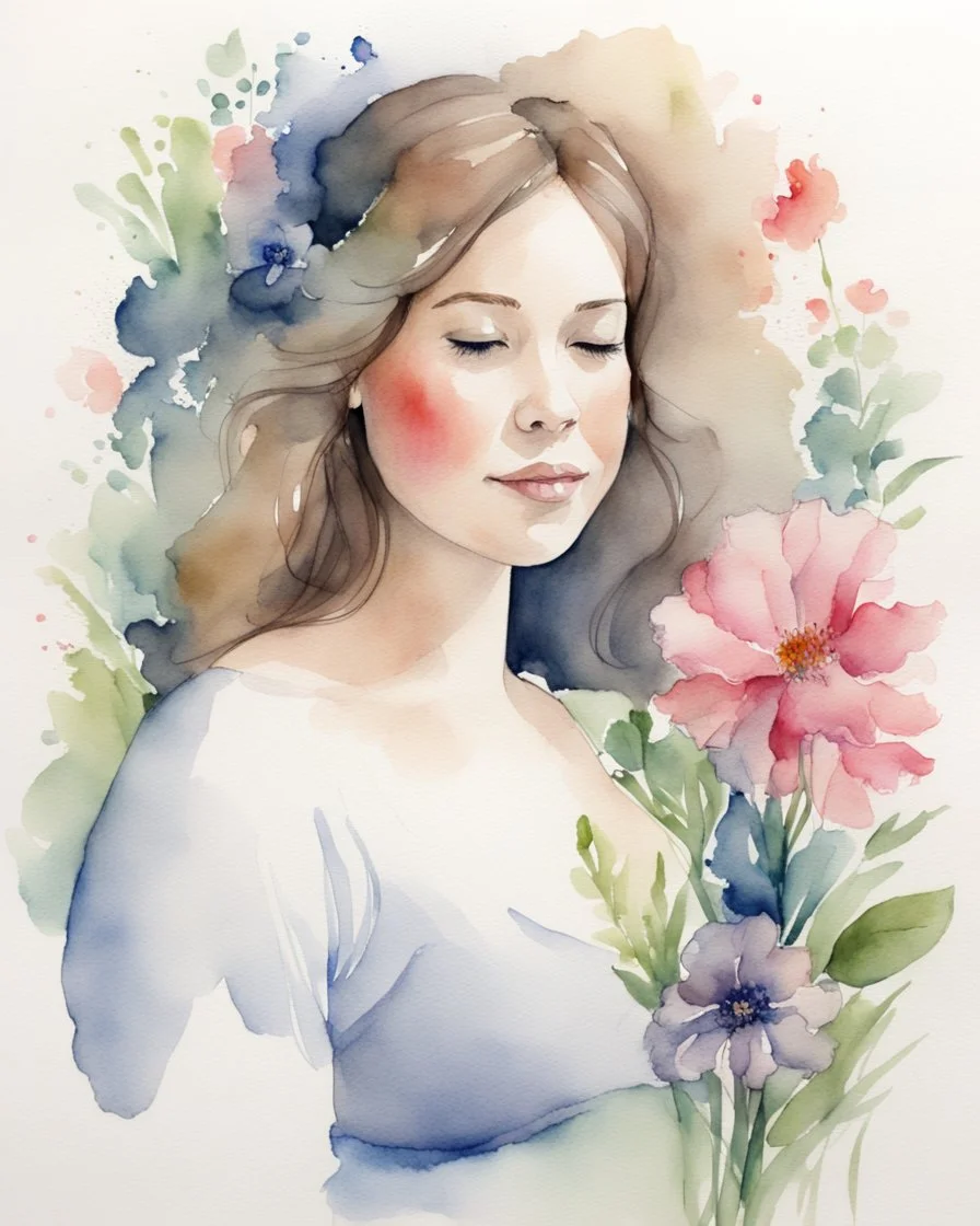 portrait, watercolor, fine drawing, Pregnancy, flowers,