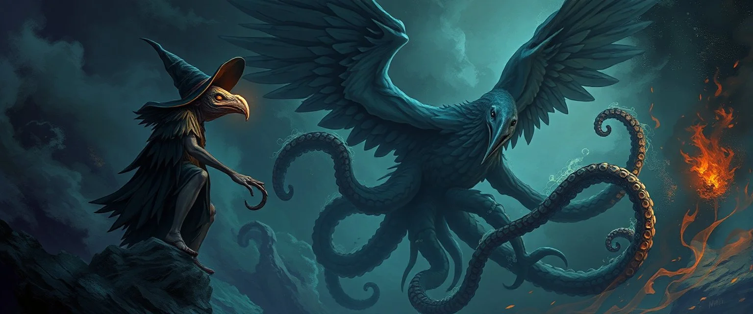 octopus bird witch looks beyond really powerful, fantasy illustration