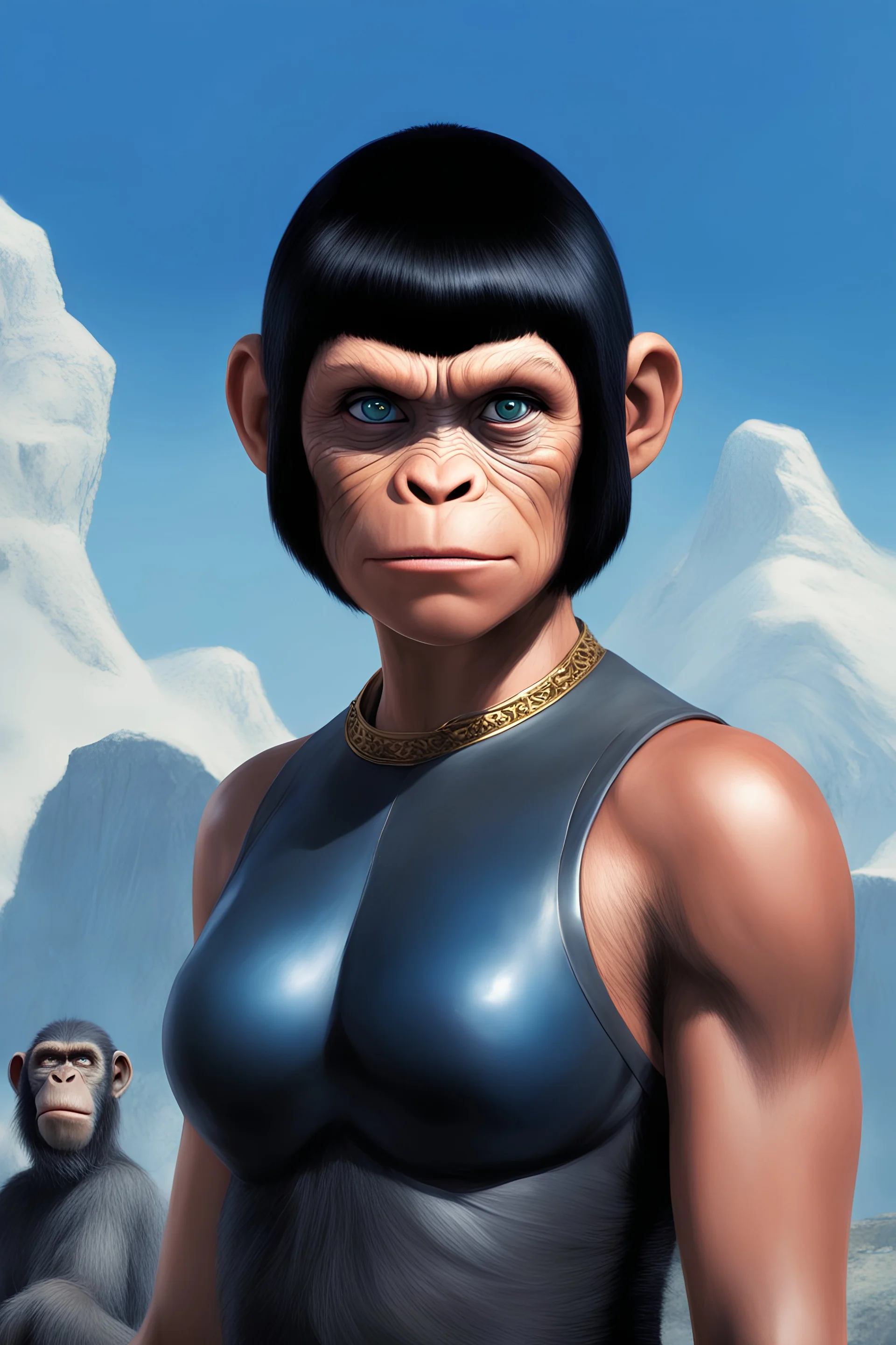 full body - Horror of the Planet of the Apes - black hair, Deep Blue Eyes - head and shoulders portrait - Lenna, part chimpanzee, part human, short, bowl-cut, straight black hair, the bangs cut straight across the forehead, she resembles a Zira from the Planet of the Apes, and she resembles Spock - Mountains, blue skies, clouds, red roses, blue roses, yellow roses, honeysuckle roses, carnations, lilacs, professional quality, 32k, UHD, glossy, 1080p, Extremely high resolution Digital photograph