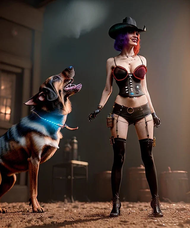 Ultra realistic, steampunk western party scene. Cabaret woman with dogman, waist up view, dancing, happy, color smoke, highly detailed, concept art, unreal engine 5, god rays, ray tracing, RTX, lumen lighting, ultra detail, volumetric lighting, 3d, finely drawn, high definition, high resolution.