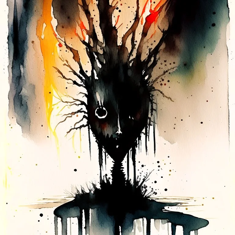 oddball nightmare, the fear of pyromania conceptualized, sound of silence, dread, surreal, sinister, profound, watercolor and ink with fine brush strokes, minimalist, dramatic, macabre atmosphere guided by N(t)=N0​⋅e−kt