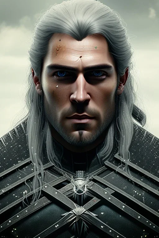 Henry cavil face, Crystal yellow eyes, long white hair, wearing The witcher 3, realistic, 4k, intricate, best quality, fog particles, fire particles, octane render, vray, sword fire