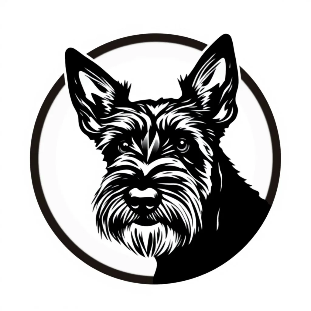 circle containing a black and white image of a Scottish terrier