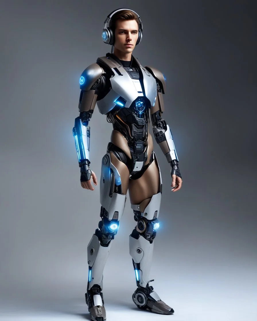 Realistic Photography facing front Handsome man super model brown hair science fiction style humanoid half with full body cyborg mechanicals and cybernetics lights wearing headphones,he on standing cool pose