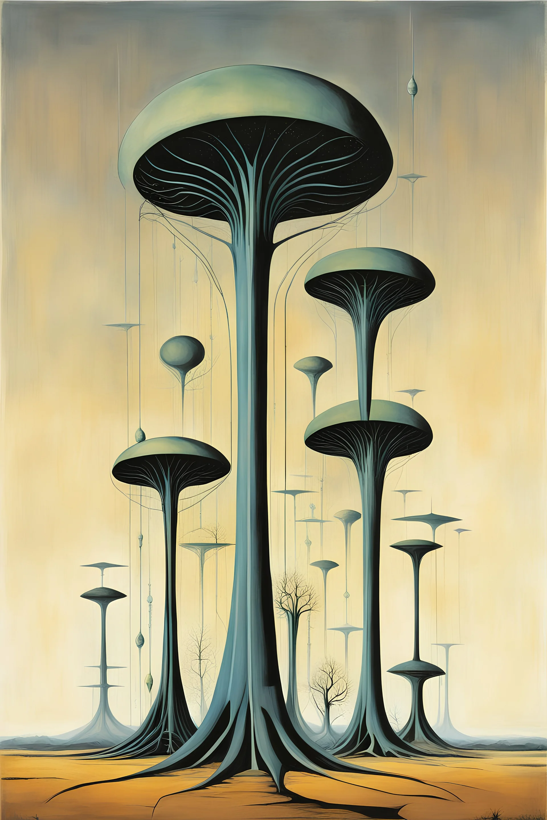 plant trees, first contact concept art, abstract surreal sci-fi, by Colin McCahon and Jim Burns and Brian Despain, by H.R. Giger, silkscreened mind-bending illustration; sci-fi poster art, asymmetric, alien colors, vertical scroll of strange geometric symbols, complex biomorphism, technical biomechanics, futurism