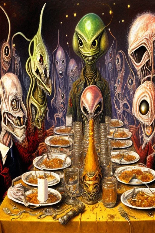 A clique of alien beings celebrate the end of the year eating at a table in James Ensor style