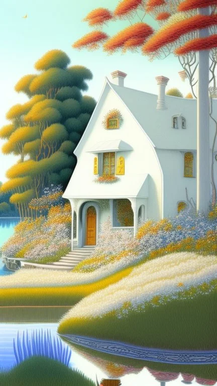 A house made out of white fathers designed in a field of white wild flowers paintings painted by Paul Ranson , Busch painting style, all white, by the lake