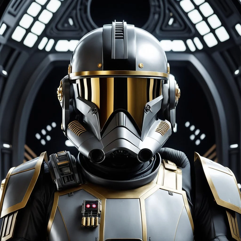 star wars bald male corellian pilot wearing gunmetal grey and black First Order special forces TIE pilot armored flightsuit and helmet with gold trim inside the jedi temple, centered head and shoulders portrait, hyperdetailed, dynamic lighting, hyperdetailed background, 8k resolution, volumetric lighting, light skin, fully symmetric details