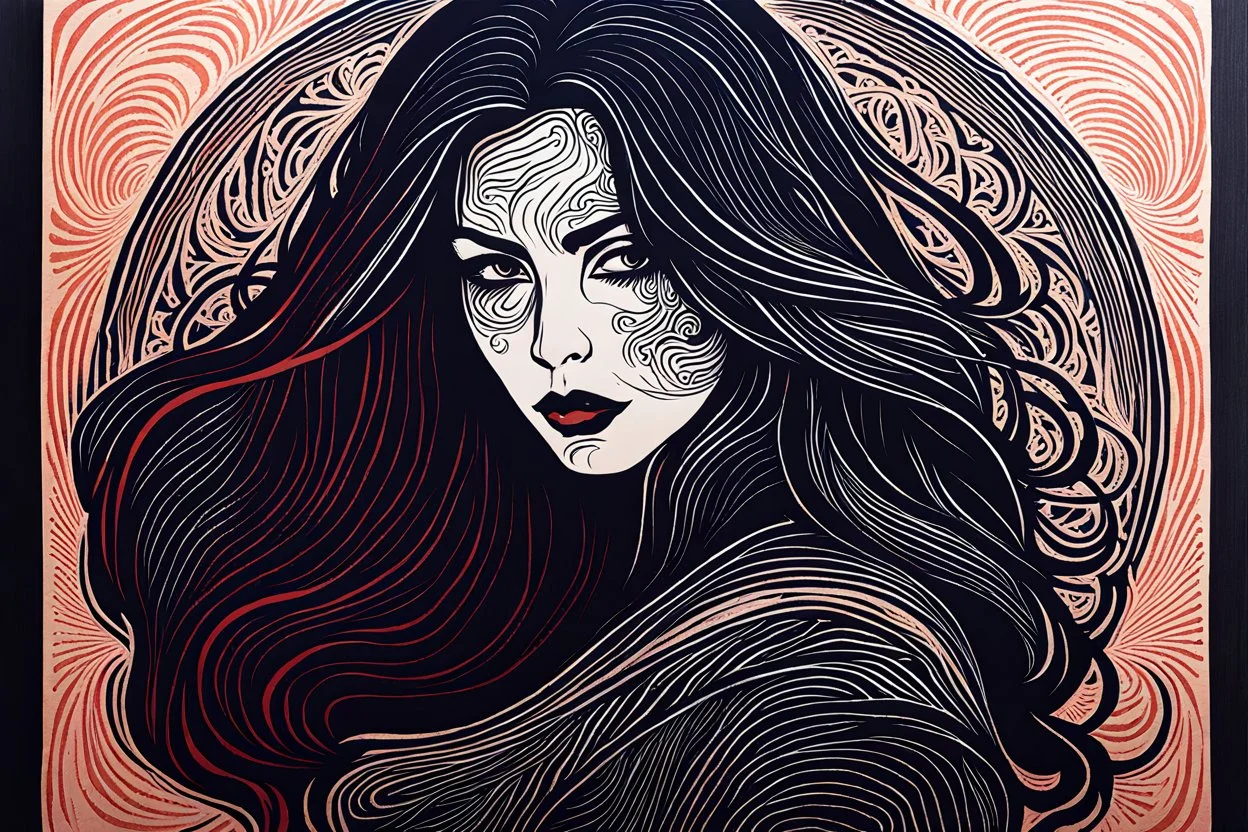 create an abstract woodcut of an ethereal, otherworldly seductive ancient female Lasombra vampire , in the style of Gabriela Jolowicz