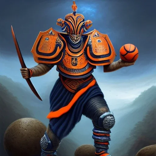 a fierce warrior in full navy blue and orange battle armor, with an S-shaped shield, holding a basketball, background of Inka jungle, a highly detailed illustration, realistic render, 8 k, micro detail, intricate, elegant, centered, digital painting, Artstation, smooth, sharp focus, illustration, artgerm, tomasz alen kopera, peter mohrbacher, donato giancola, joseph christian leyendecker, wlop, boris vallejo