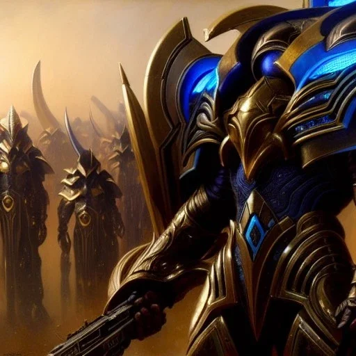 portrait 'Archon Protoss Unit-Starcraft' ancient metal armor ,painting by gaston bussiere, greg rutkowski, yoji shinkawa, yoshitaka amano, tsutomu nihei, donato giancola, tim hildebrandt, oil on canvas, cinematic composition, extreme detail,fit full head inside picture,16k