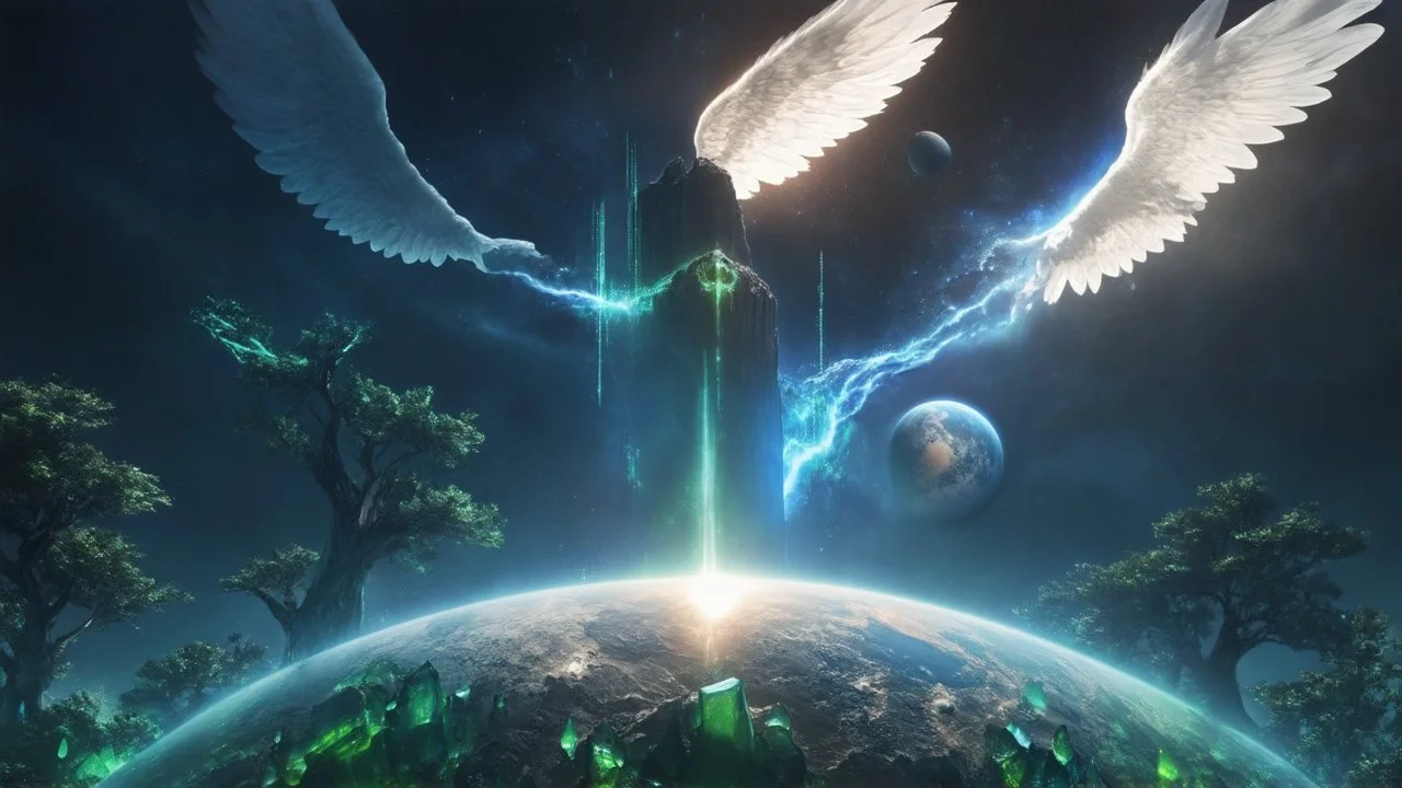 matrix universe, space, planets, god creation, angels from other dimensions with beautiful wings, trees on the planet, behind green crystals of light, few tiberium monolith deposits on the planet near tree,