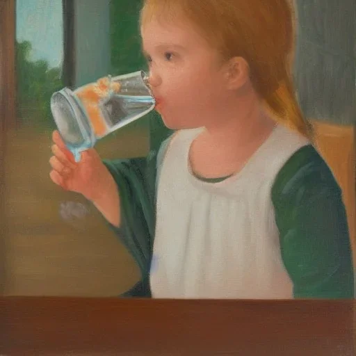 Distant Painting of a little girl drinking water in a glass