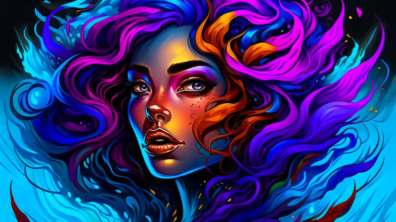 A woman's face with colorful hair and waves surrounding her, in the style of realistic fantasy, neon color palette, dark bronze and violet, split toning, exotic realism, contest winner, gorgeous colors