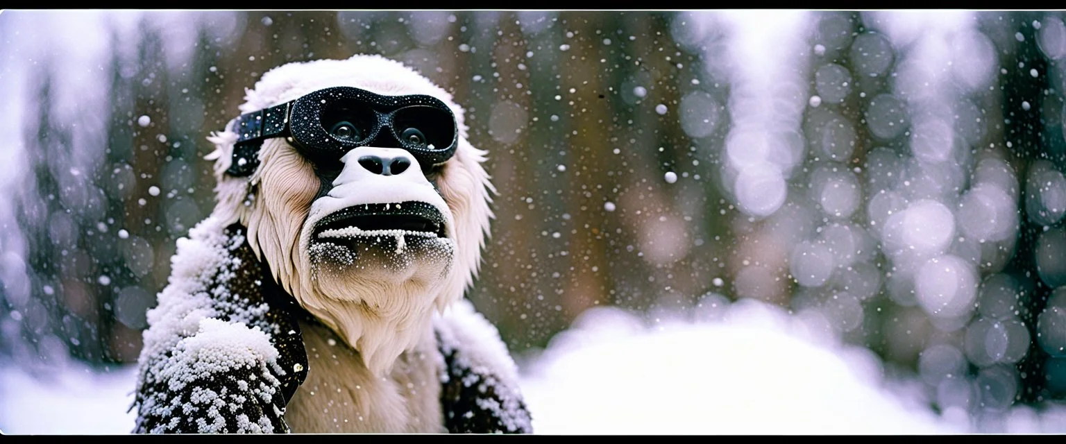 close up of a Yeti in documentary photography, November 1999, Yeti, Dystopian, Japanese, Extreme depth of field, bokeh blur, winter, blizzard, Alberta, all-natural, in the style of candid, imperfection, natural lighting, Professional shot, shot on Agfa, Fuji Film, Anamorphic lens --ar 4:5 --w 150 --style raw