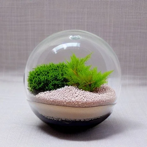 overfilled bonsai terrarium in a glass orb, pebbles, pastel colors, warm lighting, linen backdrop