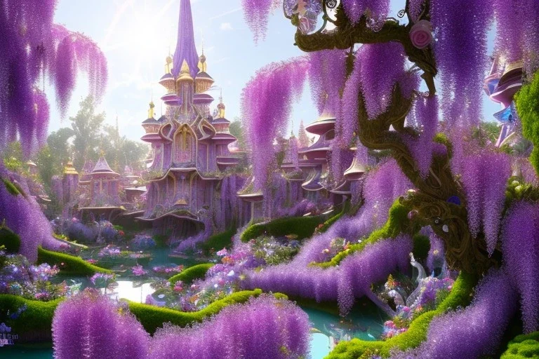 a magical crystal flower lys bougainvillier, arbor of pink wisteria, blue gold house crystal castle in wood of a lot of pink wisteria,blue lake,sun,white swanns,pink vertical, blue lake,sharp, vines, candlelit, endor, ornate, elegant, highly detailed, artstation, concept art, smooth, sharp focus, illustration, 8k, splash art, wallpaper, key visual