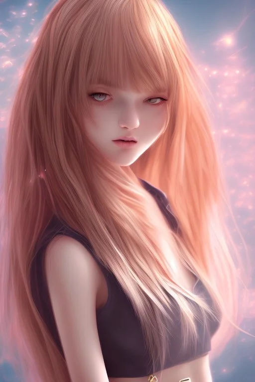 Realistic misterious Anime girl close and personal in warm abstract background