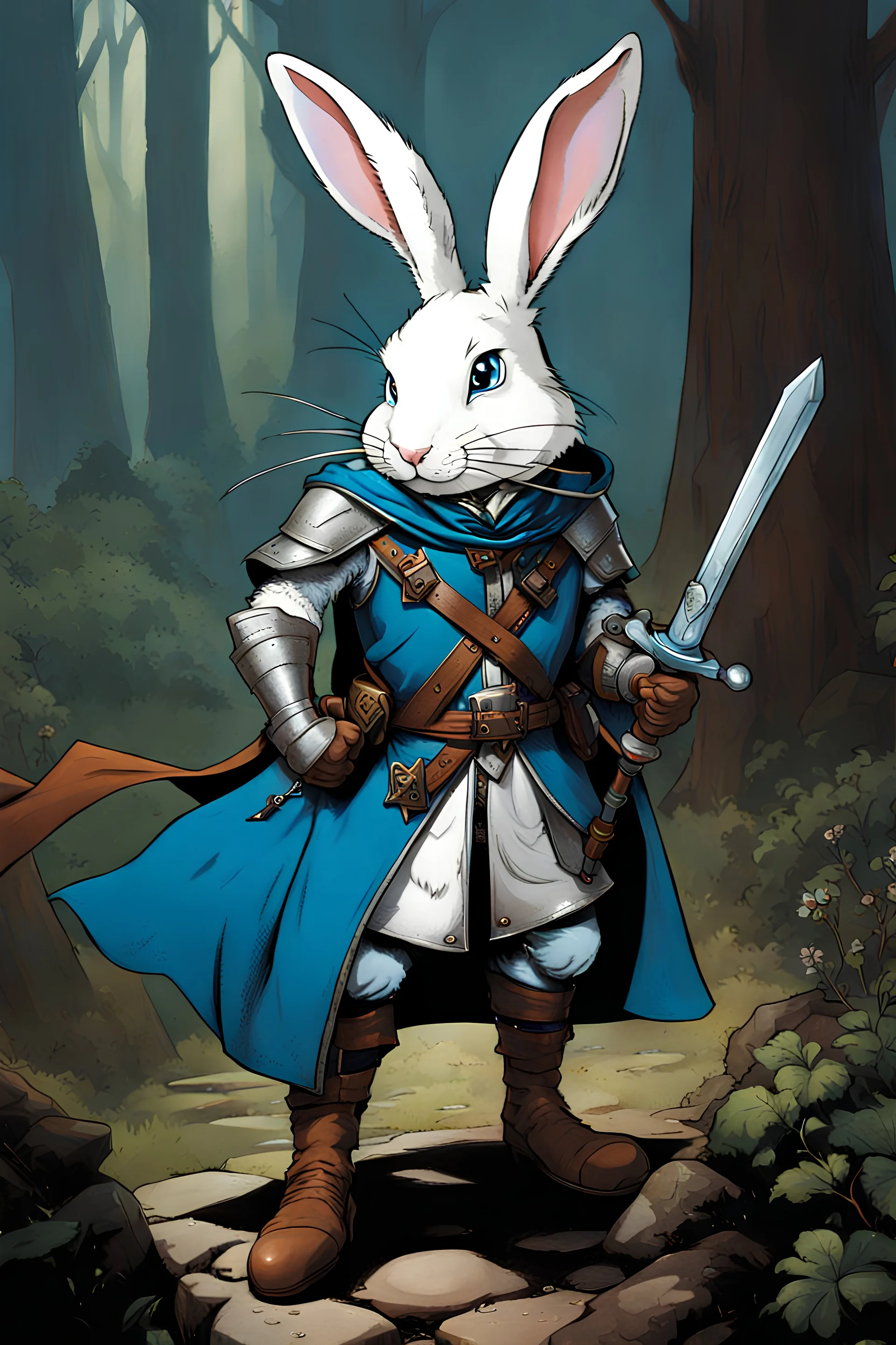 Dungeons and dragons male white Rabbit standing up with blue eyes in armor wearing a cloak wearing boots holding a sword