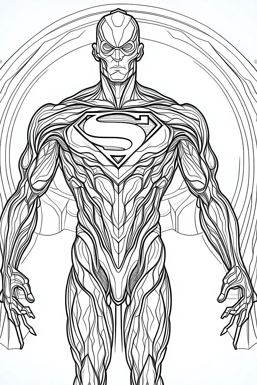 outline art An evolved Superman.alien.Of the black species. And metal . cinematic lighting, high resolution 3D render art coloring pages with witch, white background, Sketch style, full body, use outline, Mandala style, clean line art, white background, no shadows and clear and well