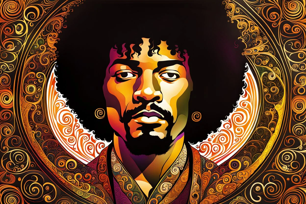 a stylized abstract illustration of Jimi Hendrix from calligraphic letters, flourishes, and swirls , finely drawn and inked, in classic Medieval calligraphy, 4k, hyper detailed in the style of EL SEED and vibrantly colored in the style of GUSTAV KLIMT