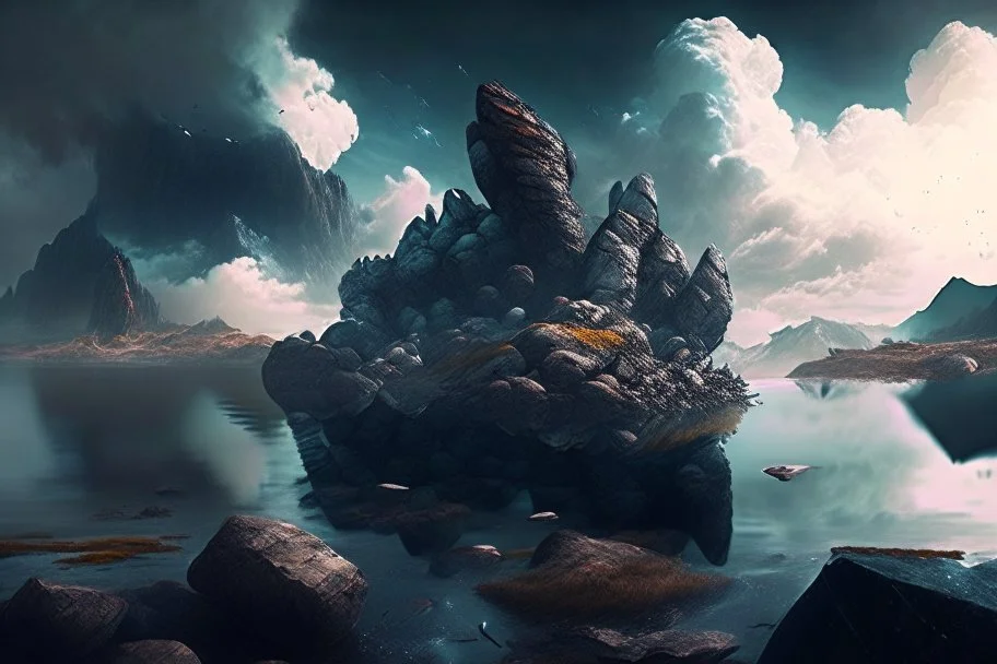 rocks, lake, clouds, epic, sci-fi