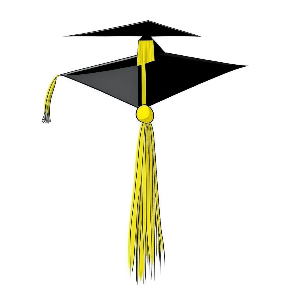 A line drawing of a graduation cap, distinguished by its unique square shape and a central peak. The cap is adorned with a vibrant yellow tassel that stands out against the cap. All of this is set against a clean, white background, which enhances the simplicity and elegance of the drawing.