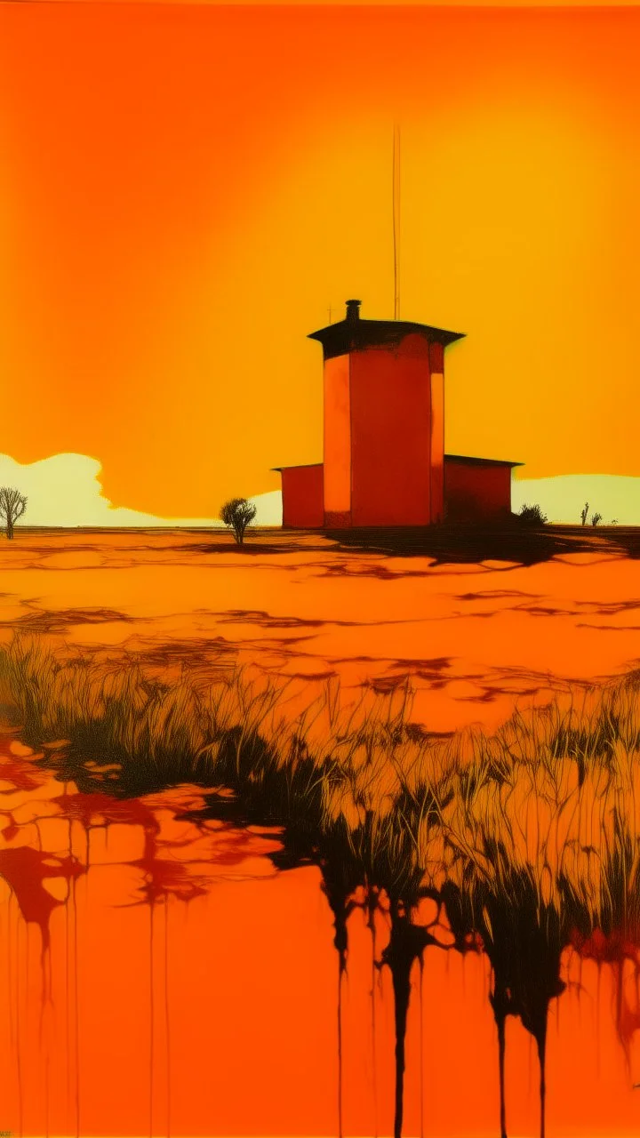 An orange colored marshland near an iron fortress painted by Andy Warhol