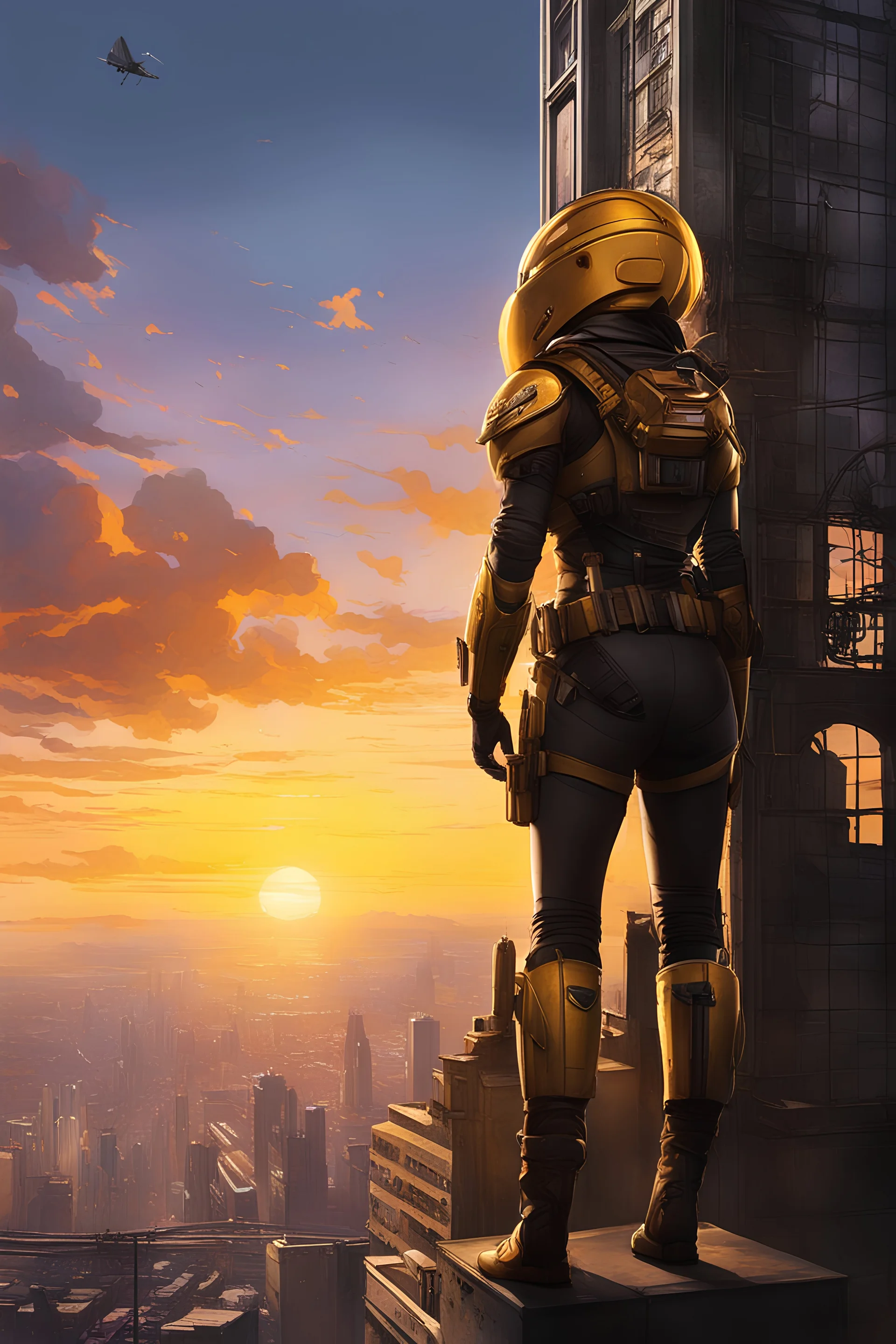 As the sun begins to set, casting a warm golden hue across the horizon, Captain Aurora Mitchell gathers her team atop the walls of Tube City. They stand shoulder to shoulder, their gazes directed towards the vast expanse beyond the city's protective barriers. To their astonishment, the giant insects that had pursued them relentlessly are still present, their menacing forms silhouetted against the fading light. Captain Mitchell's expression remains resolute, her voice steady as she addresses her