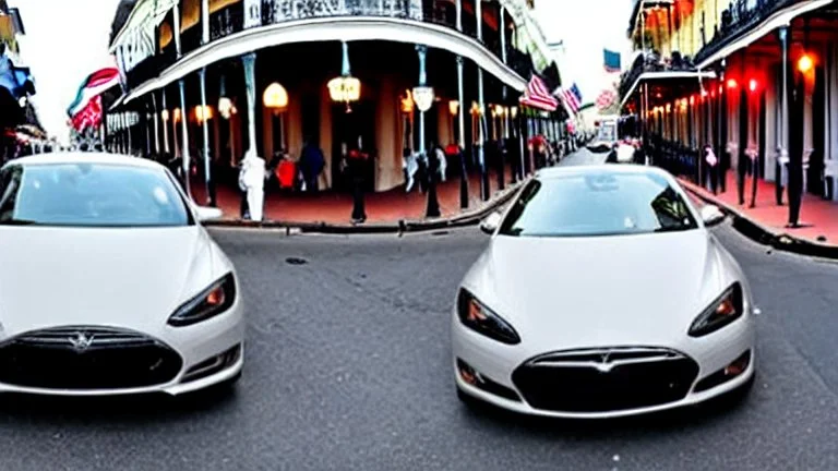 A Tesla's 'Model S Plaid' is racing at top speed, across the 'French Quarter' in New Orleans, Louisiana. CINEMATIC. WIDE ANGLE LENS.