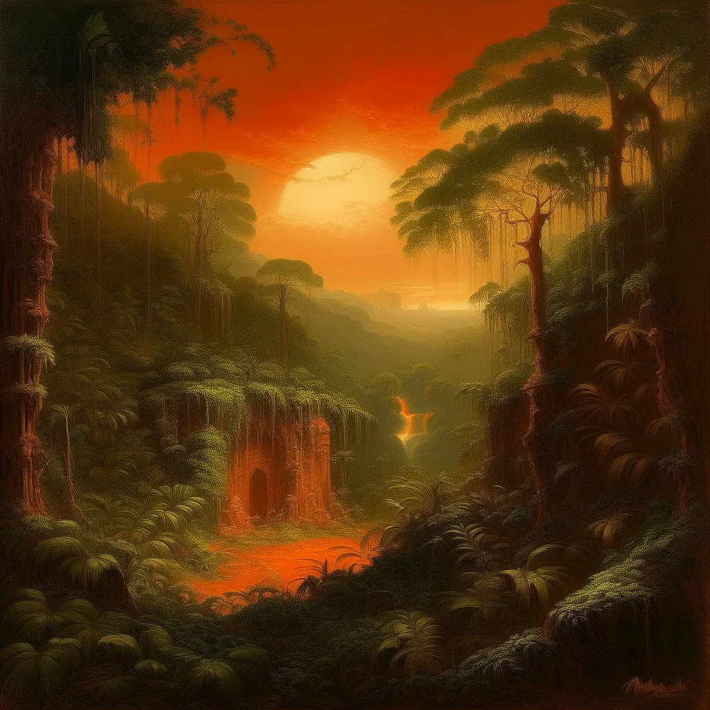 A dark orange colored rainforest with a coliseum painted by Francis Danby