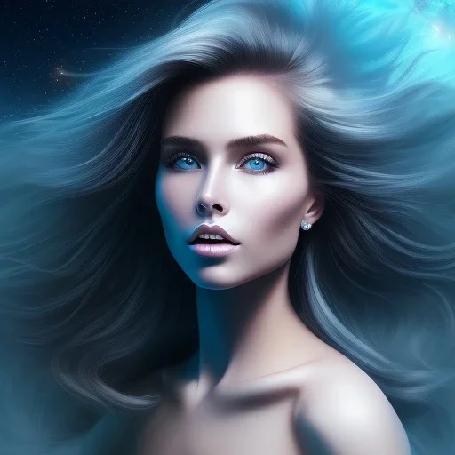 Portrait of mutant pretty woman , perfect composition, hyperrealistic, blue cosmic atmosphere, super detailed, 8k, high quality,