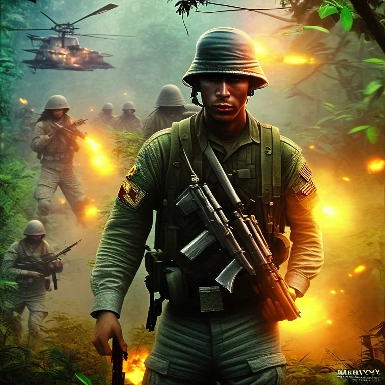 vietnam war. jungle. cd cover. bokeh. lens flare. warm lights. high detailed