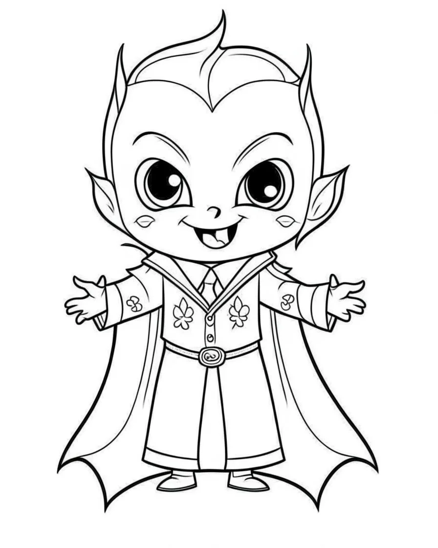 outline art for halloween coloring pages for kids with cartoon cute happy dracula , white background, Sketch style, full body, only use outline, clean line art, white background, no shadows and clear and well outlined, coloring page for kids, kawaii style