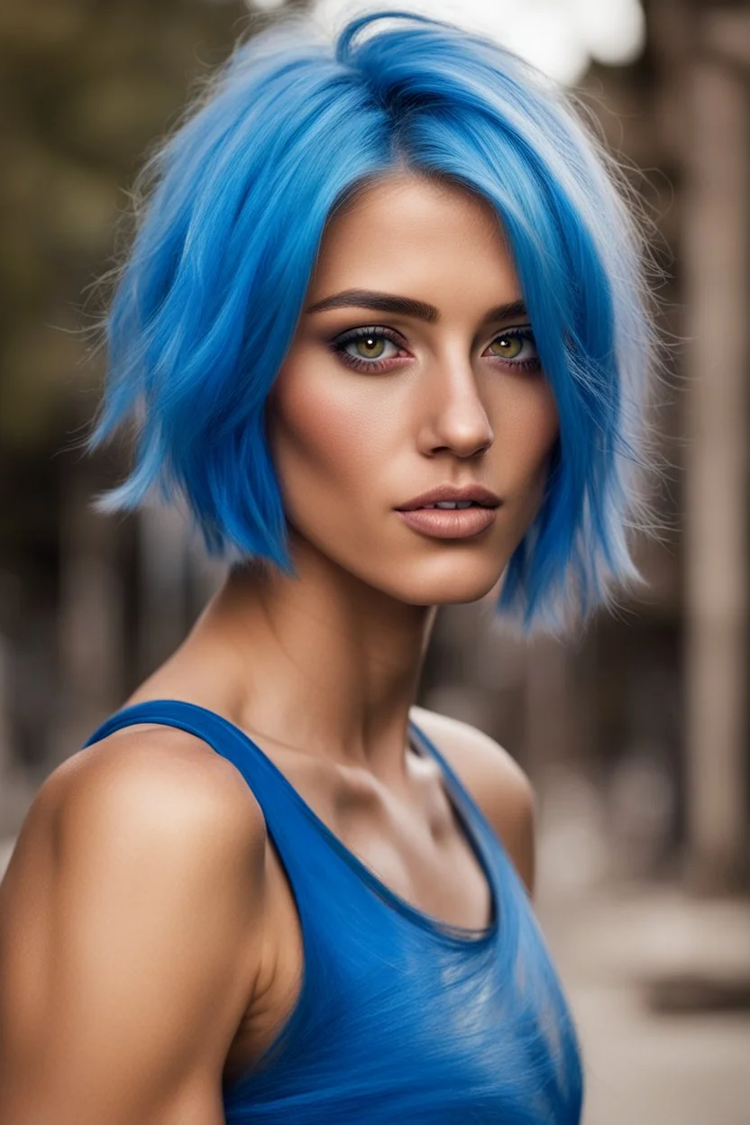 Blue hair, brown eye, woman, attractive, athletic build