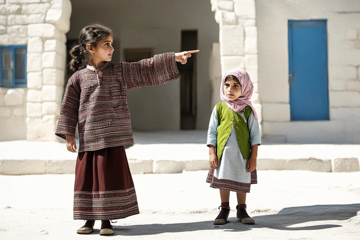 A five-year-old Palestinian girl wearing a traditional dress and new shoes looks to the side and points at a distant building.