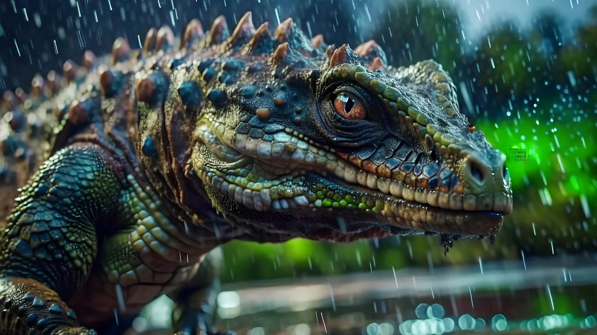 Huge Komodo dragon in a thunderstorm, intricately detailed face, Professional photography, bokeh, a breathtaking background cinematic side light, wide shot shot on dslr 64 megapixels sharp focus, canon lens, Hyperrealistic, concept art, 16k resolution