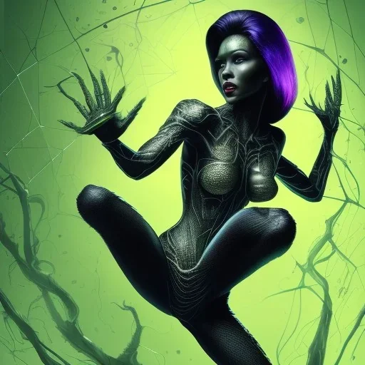 This spider woman is a formidable creature, with the body of a human woman and the head and legs of a spider. Her skin is covered in shimmering black scales, and her eyes glow a bright, otherworldly green. She is fast and agile, able to climb walls and ceilings with ease. She has venomous fangs and sharp claws, and she can spin webs of magical energy to ensnare her enemies. She is intelligent and cunning, and she is feared by all who encounter her in the realm of fantasy. She is often summoned b