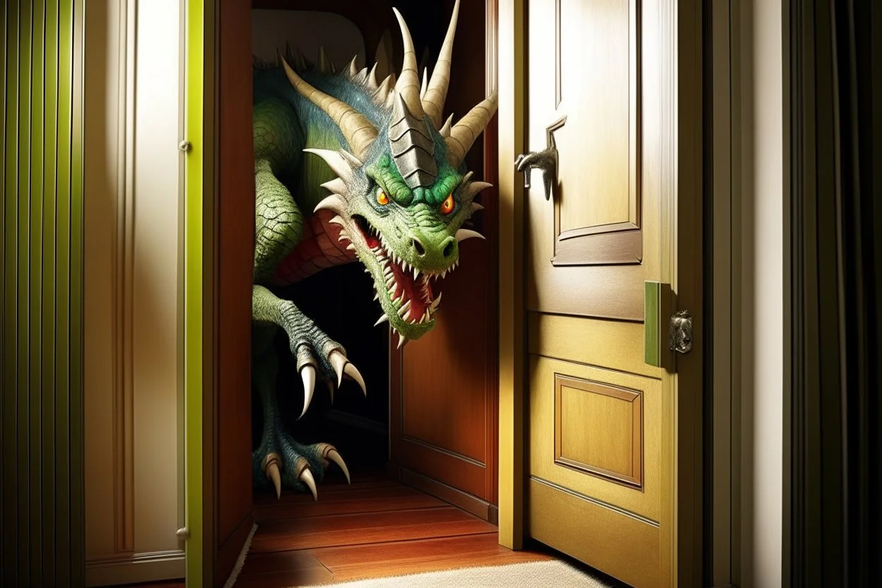 A real good dragon knocks on the door of a child's room, realism photographic, graphic novel,