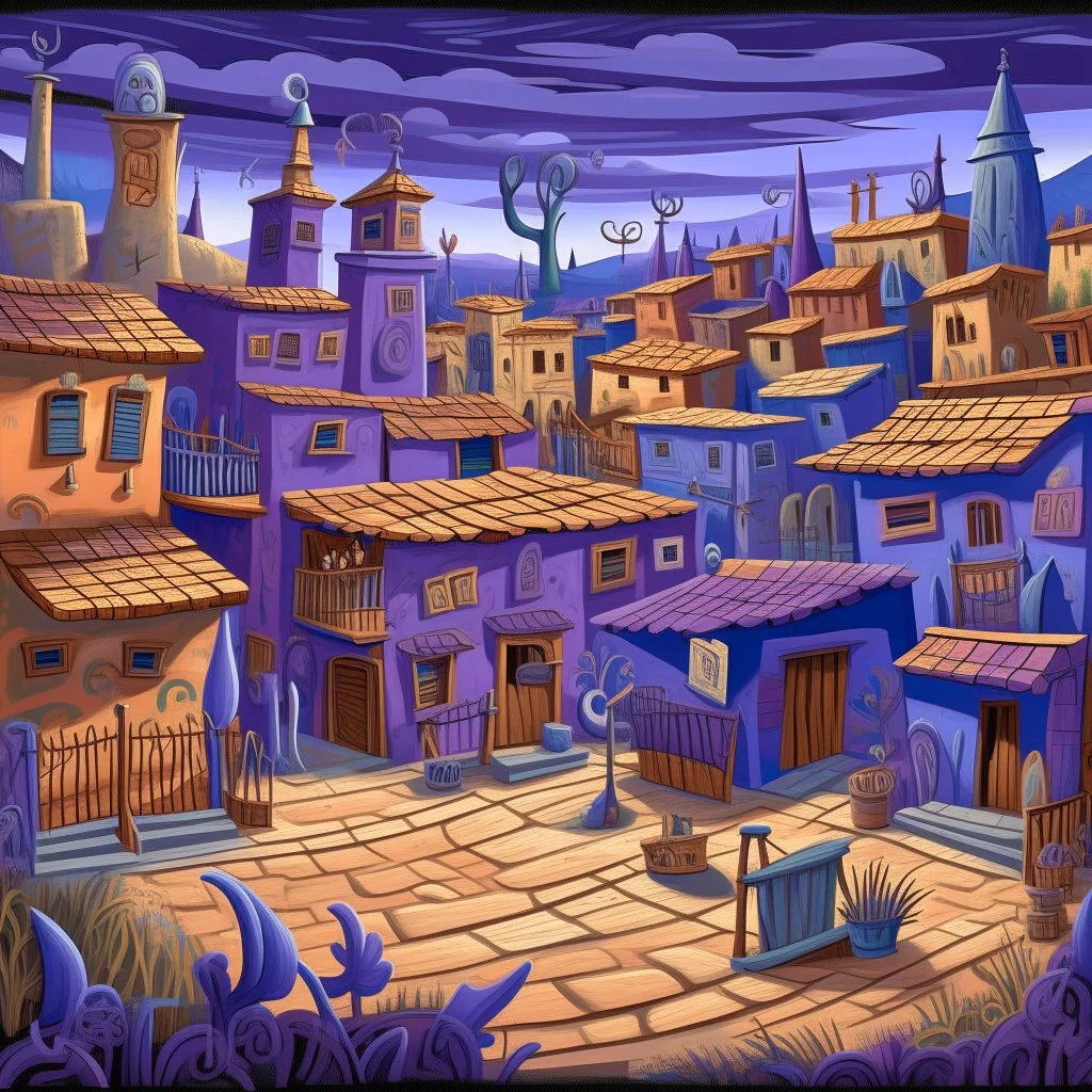 A light purple Day of the Dead themed town designed in Mexican folk art painted by Vincent van Gogh