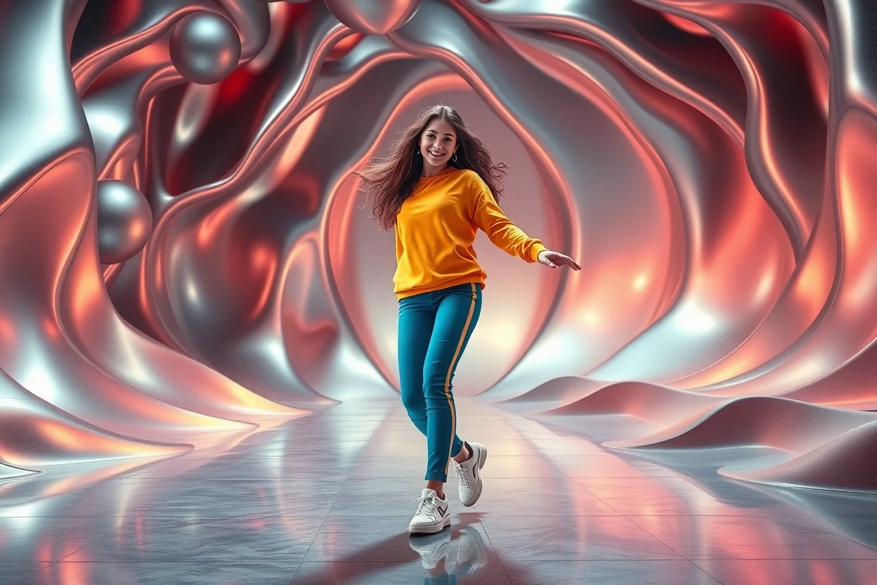beautiful lady with todays modern clothing and sport shoes, in surreal stage made of 3d fractal random size recursive objects with helical strip colors in clothing similar to environment full body dancing to camera,animating background metallic random color and size recursive objects