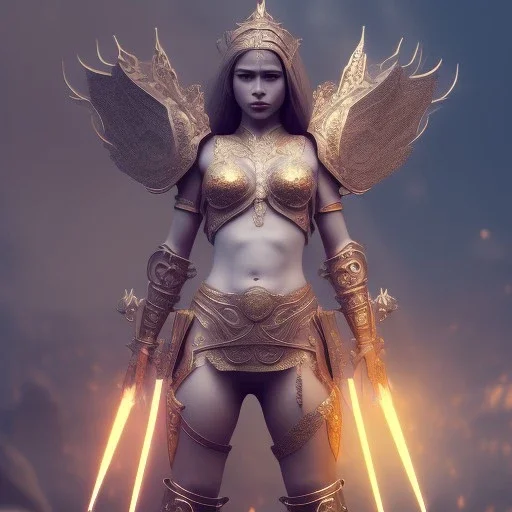 badass female goddess of war, beautiful figure, wearing form fitting armor, intricate filigree metal design, mythpunk, medievelpunk, full body portrait, cinematic, dramatic lighting, unreal engine 5, 8k, Highly realistic. Volumetric lighting. Light halation, by Hyung-tae Kim and Krenz Cushart Artstation and artgerm, Artwork by Guweiz, Peter Mohrbacher, Artgerm and Mark Brooks, unreal engine 5 highly rendered, epic composition, motion blur. Glim lighting. Highly realistic