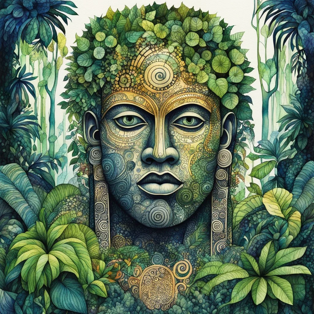 random watercolor Zentangle patterns in the styles of Gustav Klimt ,Wassily Kandinsky, Alphonse Mucha, and Kay Nielsen that depicts a colossal Olmec stone head , overgrown with the lush plant life of the Yucatan jungle, bathed in moonlight, highly detailed, with fine ink outlining