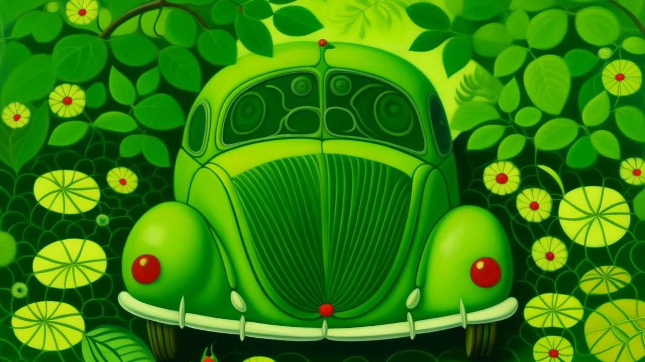 A lime green Bug Veilspun designed in German folk art painted by Henri Rousseau