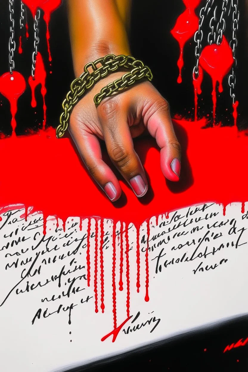 chained hand writing with a red fountain pen, mixed media of acrylic, watercolor, oil, gouache, and ink, by WLOP and Jermy Mann